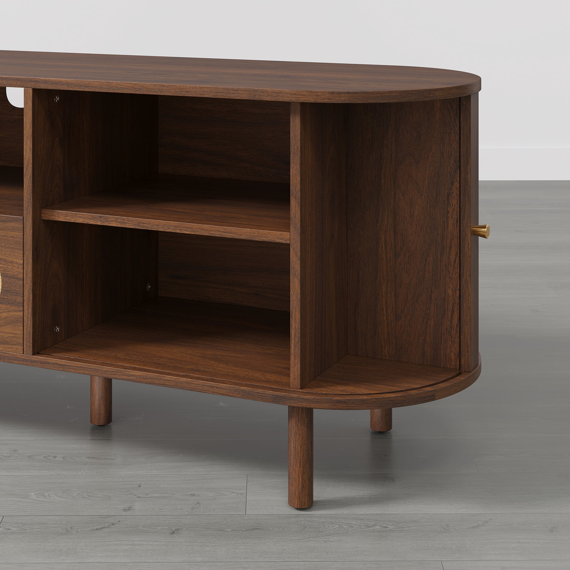 Spruce & Spring Tambour TV Stand with Power Outlet, Mid-Century Modern Entertainment Center, Rattan Drawer & Fluted Sliding Doors, Solid Wood Legs & Cable Management, Walnut, for TVs up to 80 Inch