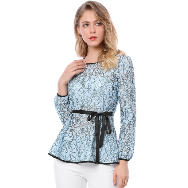Blusas Tops Peplum De Encaje Semitransparente De ManLarCon CintuAnudaPaMujer Azul M