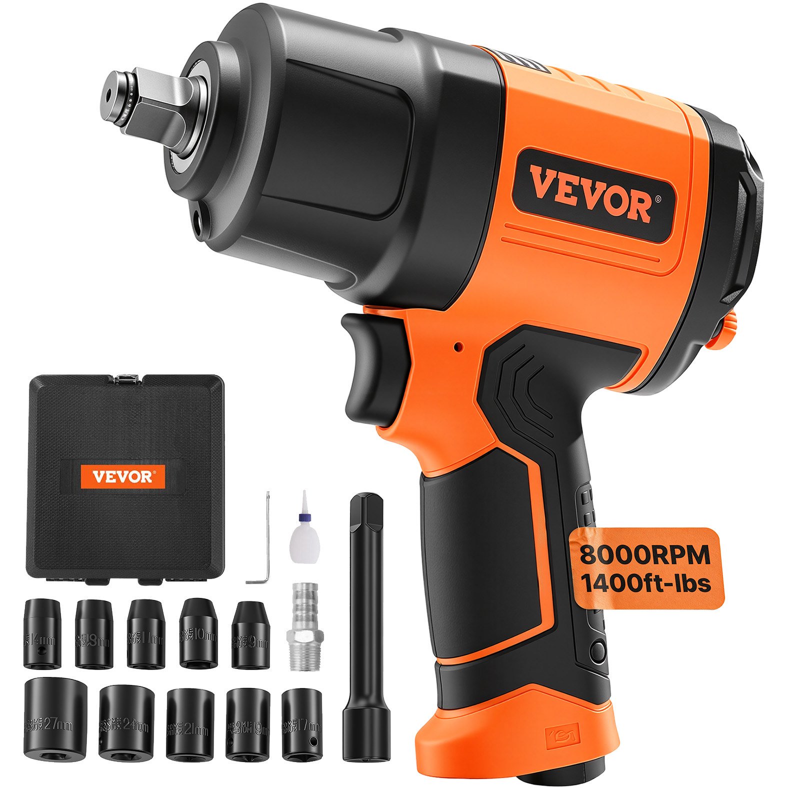 VEVOR 1/2-Inch Air Impact Wrench, High Torque Up to 1400 ft-lbs, Lightweight 4.6 lb Design Pneumatic Impact Gun with 11-PCS 1/2-Inch Drive CR-V Steel Impact Socket Set & Carrying Case