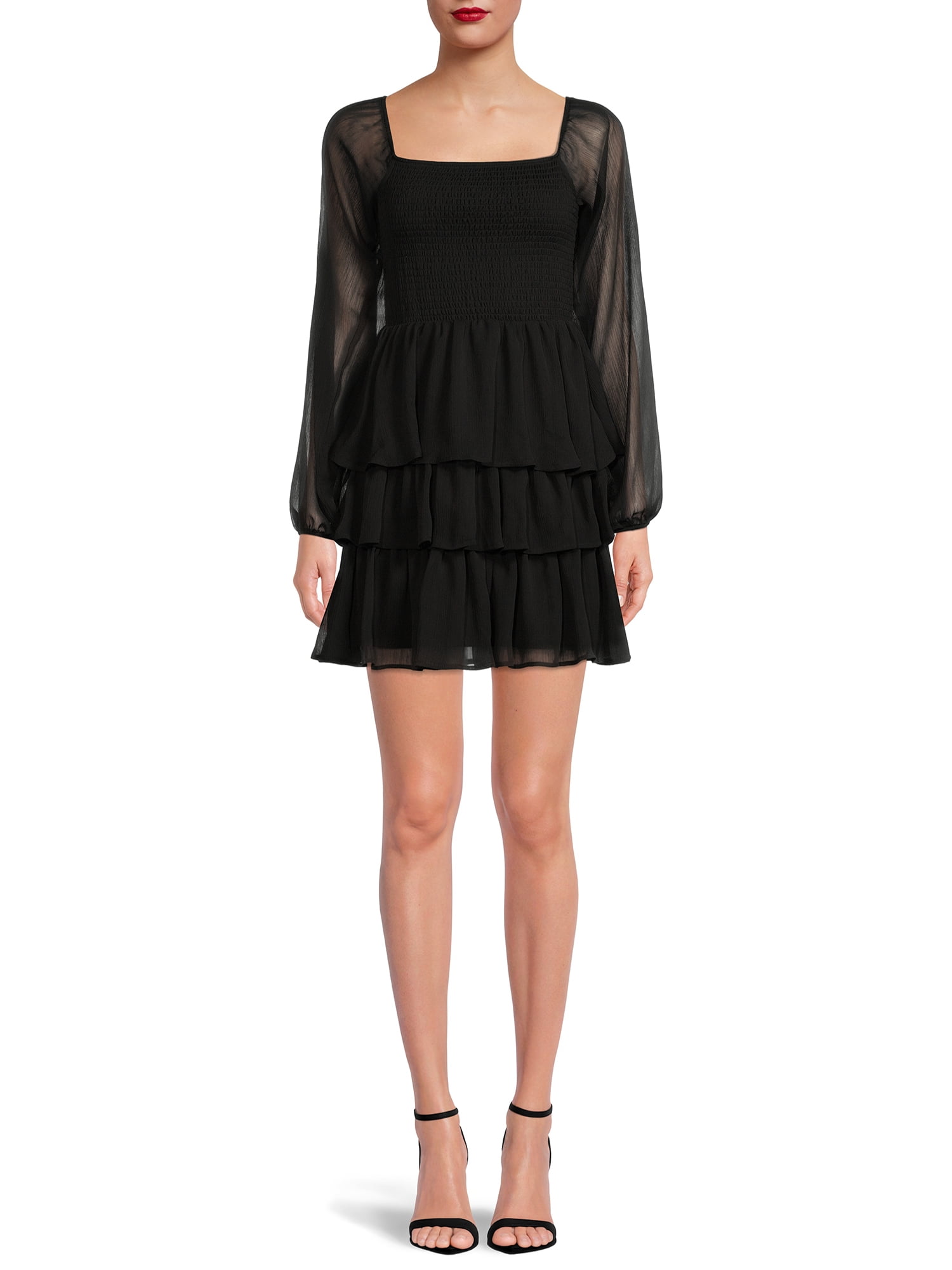 Madden NYC Women's Juniors' Triple Ruffle Smocked Peasant Dress
