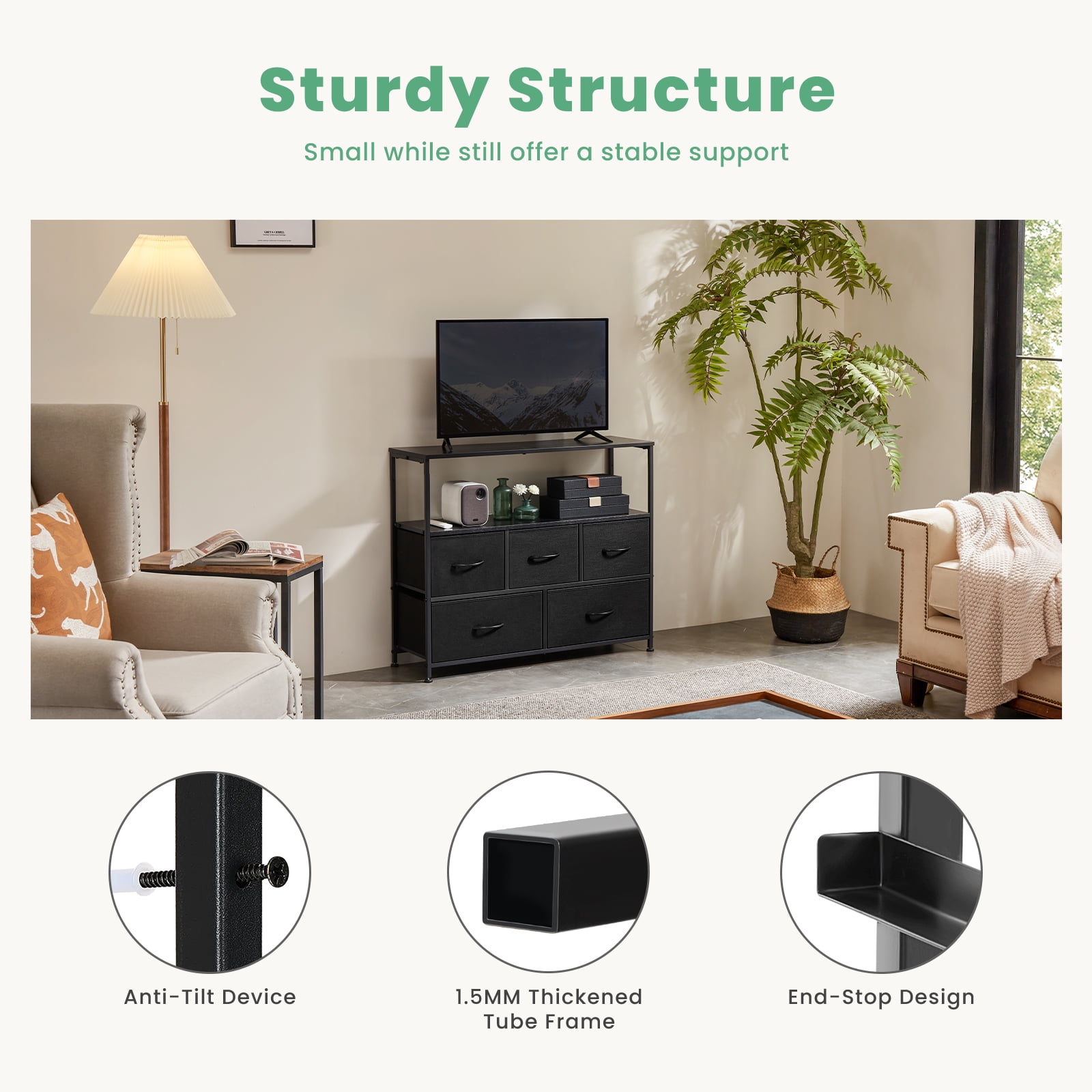 GIANNA TV Cabinet Stand, 5 Fabric Drawers & Adjustable Feet for Bedroom, Black