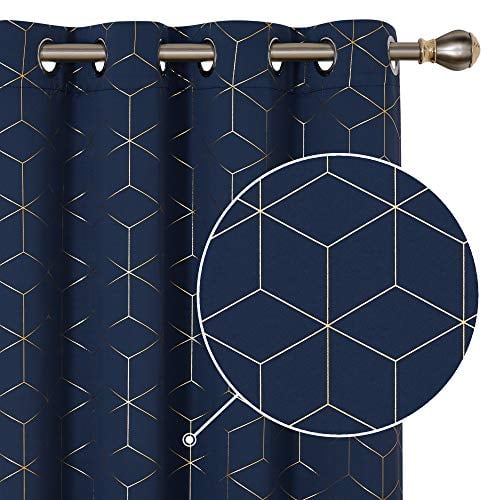 Deconovo Blackout Curtains Gold Diamond Foil Print Navy Blue, 52W x 108L Inch, Room Darkening Thermal Insulated Sun Blocking Grommet Curtain Panels for Living Room 1 Pair