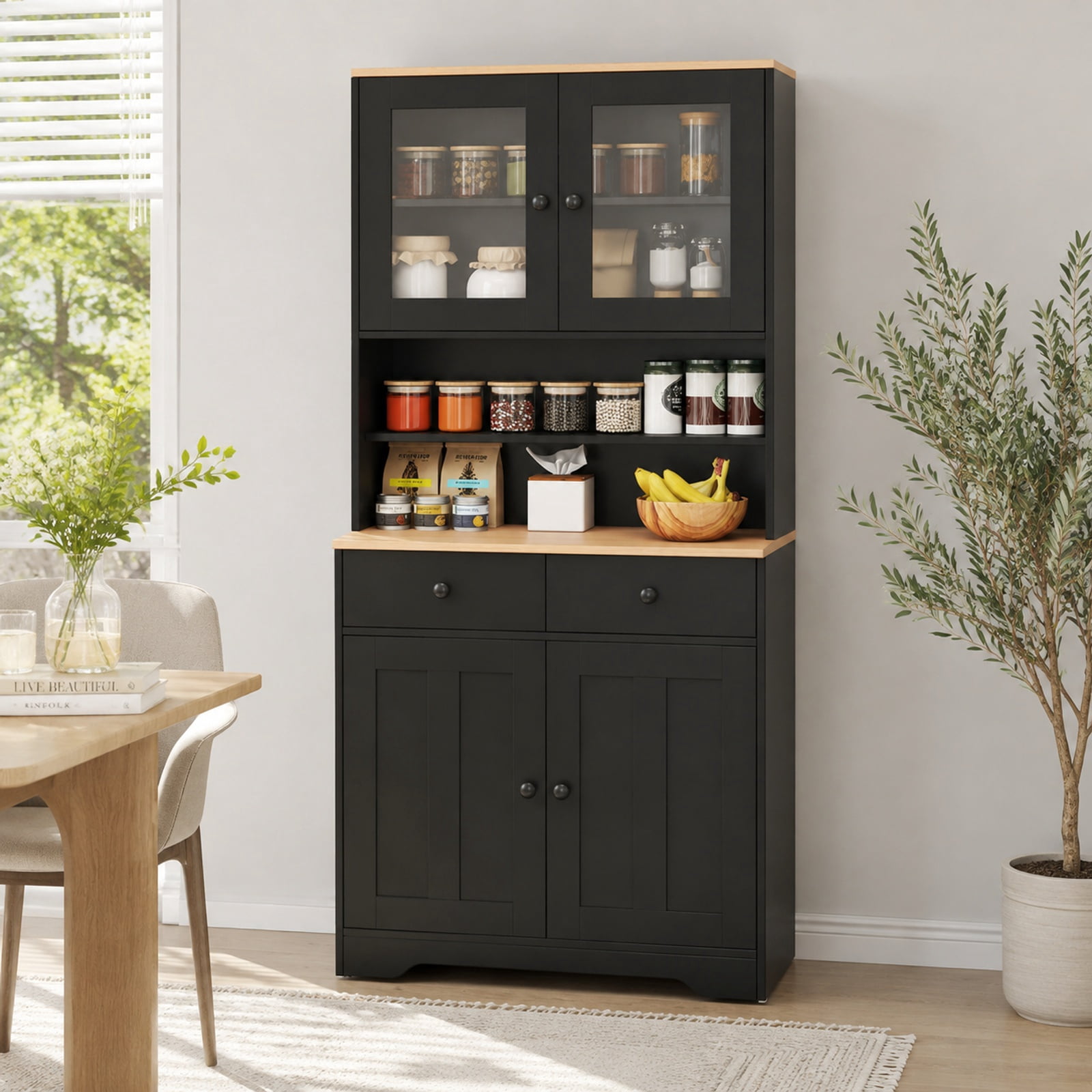 Furnibear Tall Kitchen Pantry Cabinet with Glass Doors 2 Drawers Adjustable Shelves and Countertop Freestanding Storage Cabinet for Kitchen, Black