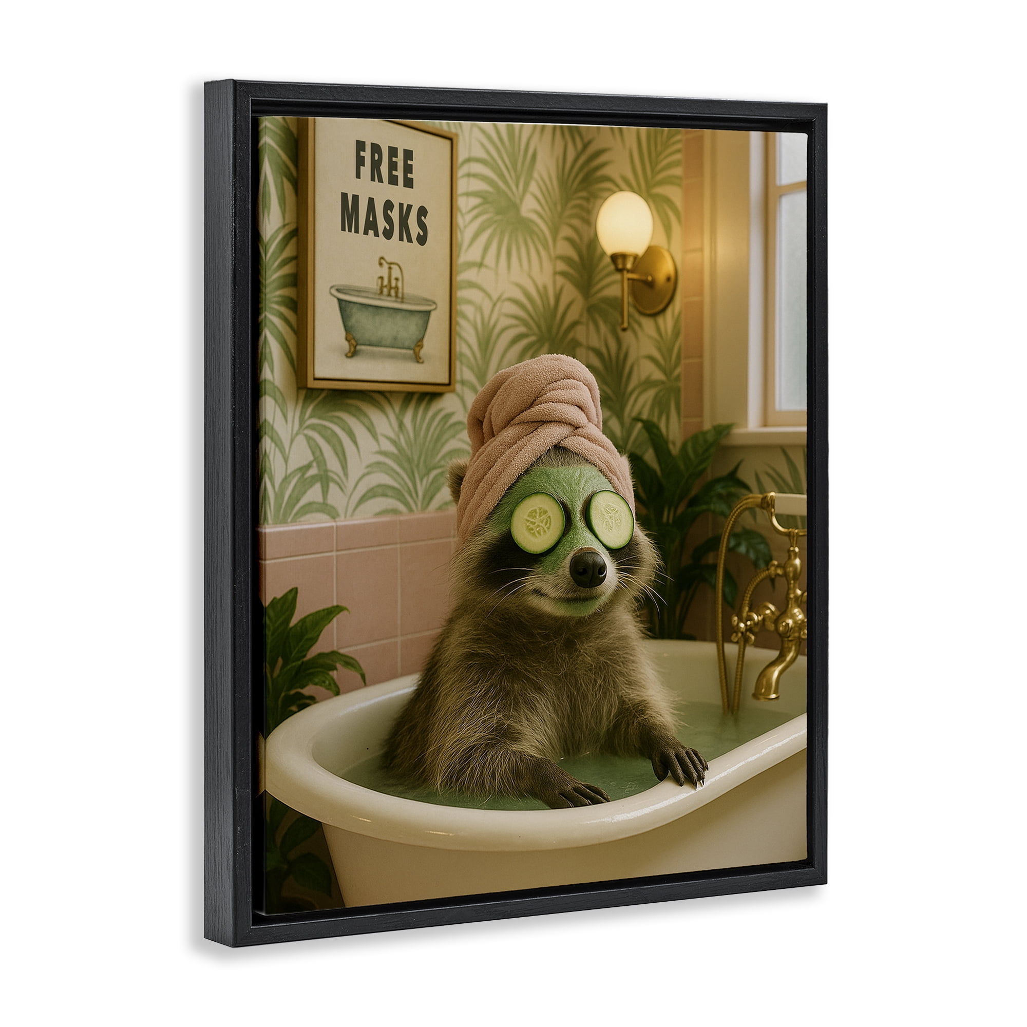 Stupell Industries Raccoon Spa Day Bath Black Framed Floater Canvas Wall Art, design by Grotto Studios