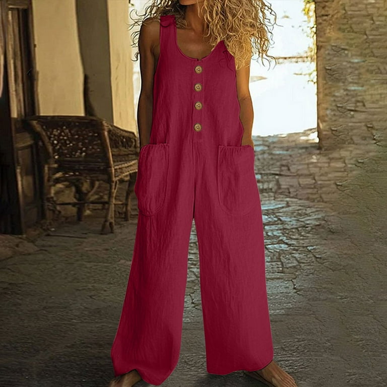 Feancey Boho Jumpsuits for Women Casual Cotton Linen Bib Overalls