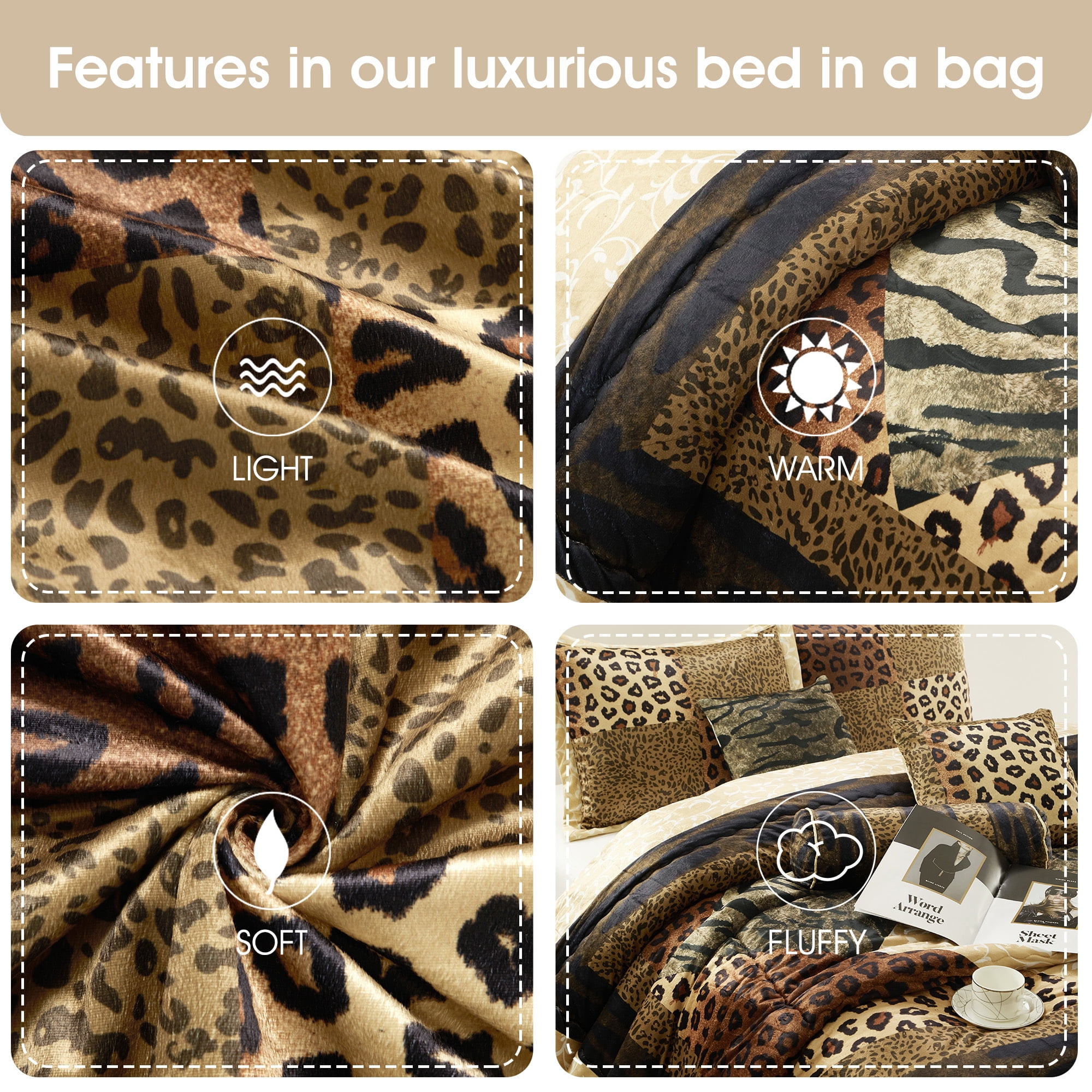 Lanco Aris Leopard Print 7-Piece Comforter Set, Brown And Black, Bed Size King, 100% Polyester, Abstract