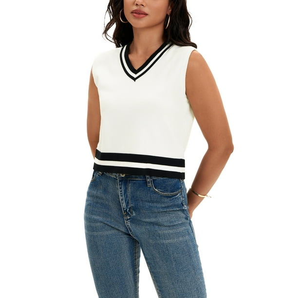 Top sin mangas de punto de color bloque de verano para mujeres ATHLECHIC L Blanco Negro