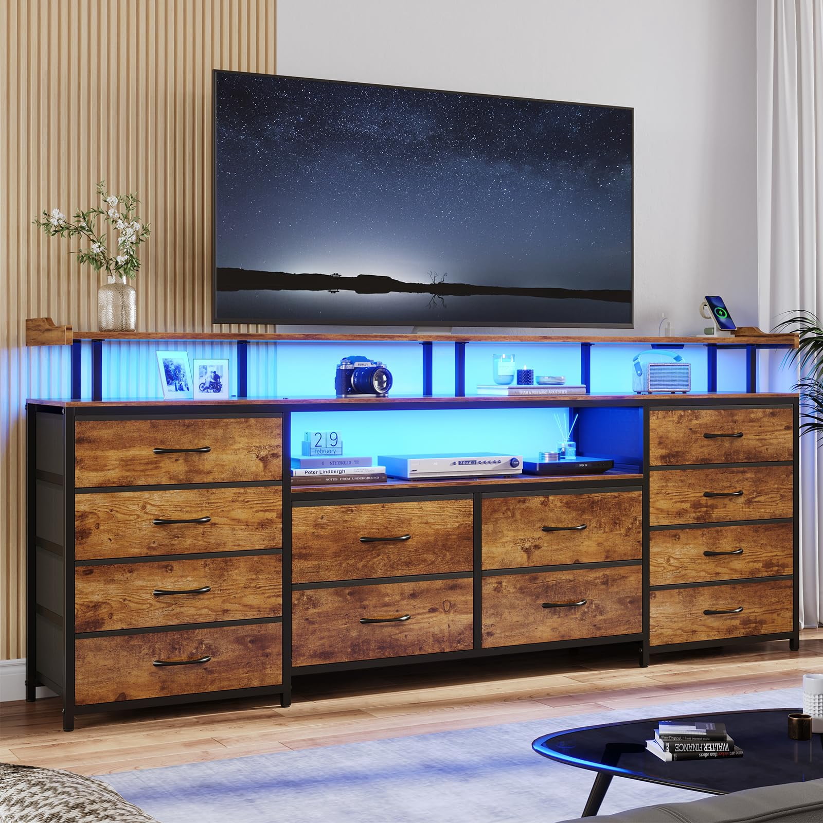 Brown TV Stand Dresser with 12 Drawers for 65 inch TV, Entertainment Center with LED Lights & Power Outlets, 63" Large LED TV Stand, TV Console for Bedroom Living Room
