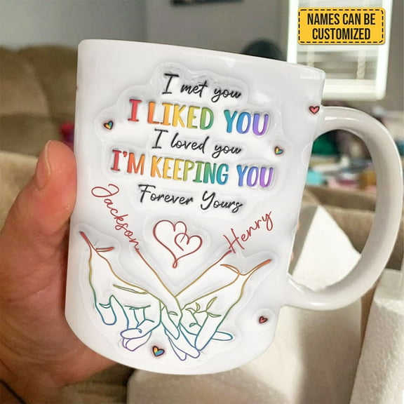 Lotusprinthandmade Personalized Holding Hand Couple White Ceramic Mug (11oz) (Made In US), personalized mug for valentine’s day, couple mug with names
