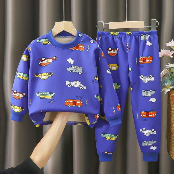 Conjuntos de blusas y camisas de cuello redondo y manga larga para niños con estampado forrado de vellón para mayor calidez Conjunto de ropa de dormir de manga larga con cuello redondo para el hogar d