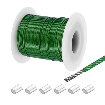 131Ft Wire Rope 304 Stainless Steel Cable 1/24 Vinyl Coated with 6pcs Aluminum Sleeves Green