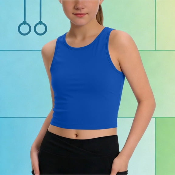 WPPGONE Teen Girls Active Cropped Top High Crewneck Sleeveless Workout Shirts Solid Slim Fit Summer Athletic Gym Exercise Dance Basic Everyday Casual Outfits