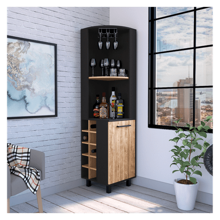 Kaia Corner Bar Cabinet, 10 Built-in Wine Racks, Single Door   2 Shelves, Black / Pine