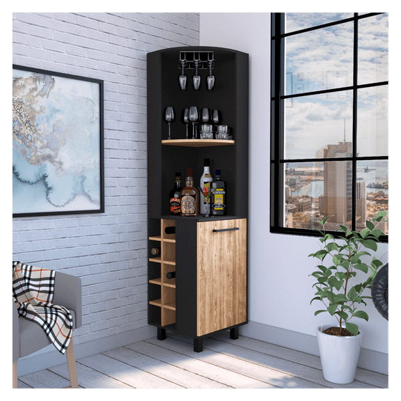 Kaia Corner Bar Cabinet, 10 Built-in Wine Racks, Single Door   2 Shelves, Black / Pine