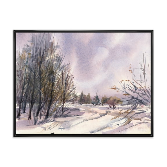 Designart 'Purple Snowy Tones With Winter Landscape' Traditional Framed Canvas Wall Art Print