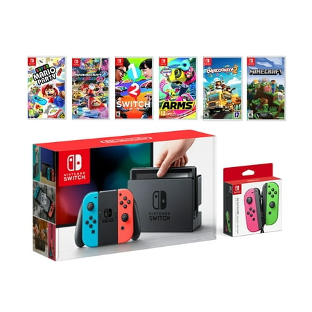 Nintendo Switch Party Game Bundle, 32GB Neon Red/Neon Blue Joy-Con Console Set, Neon Pink/Neon Green Joy-Con, Super Mario Party, Mario Kart 8 Deluxe, 1-2 Switch, Arms, Overcooked! 2, Minecraft