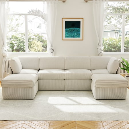 Koby Home Reversible Modular Corner Sectional Sofa Set – 6pc Couch with Ottoman, Beige for Living Room