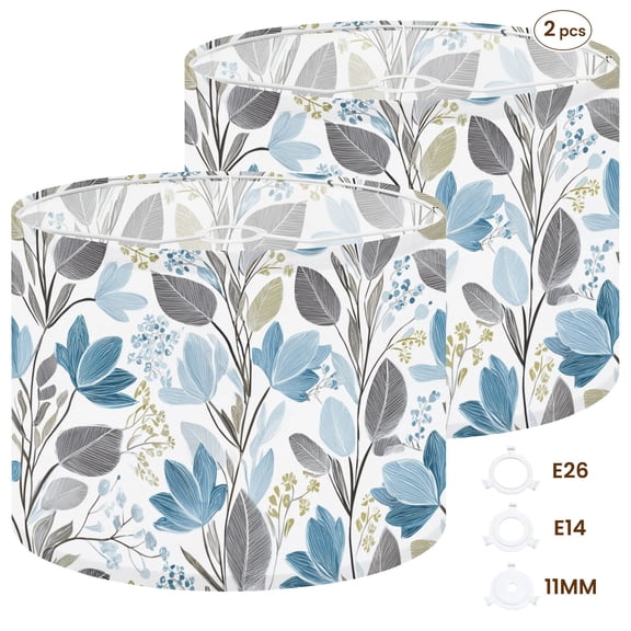 2pcs Set Drum Lampshades (13"x 13"x 10"), Abstract Floral Blue Gray Leaves Delicate Accents Fabric Large Replacement Shades for Table, Floor, and Pendant Lamps, Simple Assembly Needed.