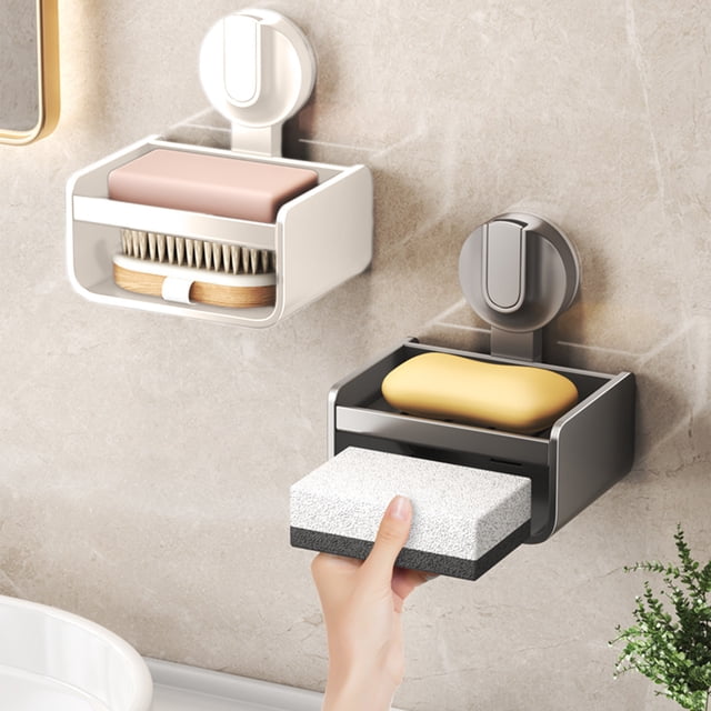 Portajabones con ventosa Espacio de pared de aluminio | Organizador de jabones de baño sin taladro | Estante de drenaje rápido | Blanco Gris | 13x12,8x10cm | Almacenamiento robusto y a prueba de