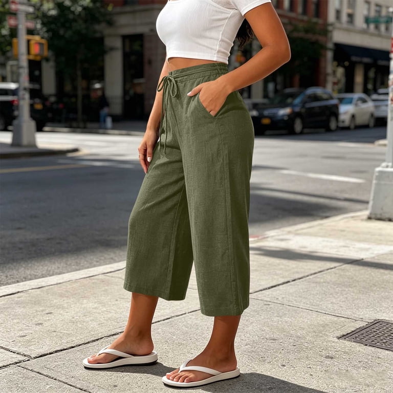 Ruimatai Womens High Waist Drawstring Wide Leg Capri Pants Side