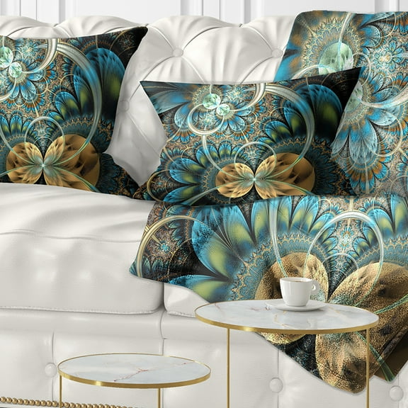 Designart Symmetrical Blue Gold Fractal Flower - Abstract Throw Pillow - 12x20