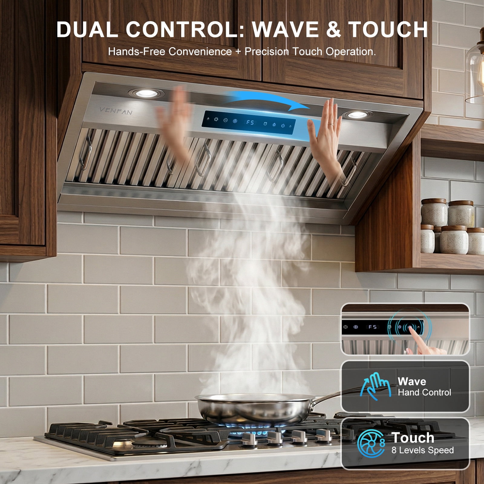 VENFAN 30 Inch Range Hood Insert, 1200 CFM Ultra Quiet DC Motor, Gesture & Touch Control, Ducted/Ductless Convertible, Stainless Steel Built-in Kitchen Vent Hood