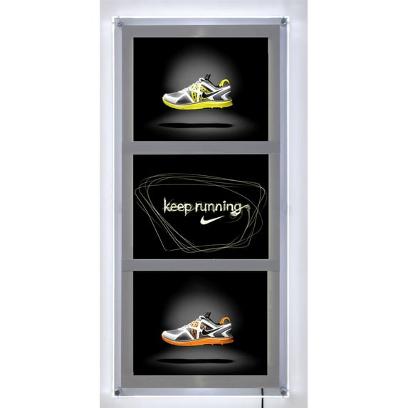 LED Illuminated Poster Frame for (3) 11 x 17-Inch Translucent Signs, Wall Mounted Picture Holder with Silver Border - Clear Acrylic Construction and Silver Standoff Hardware (CLB11173SG)