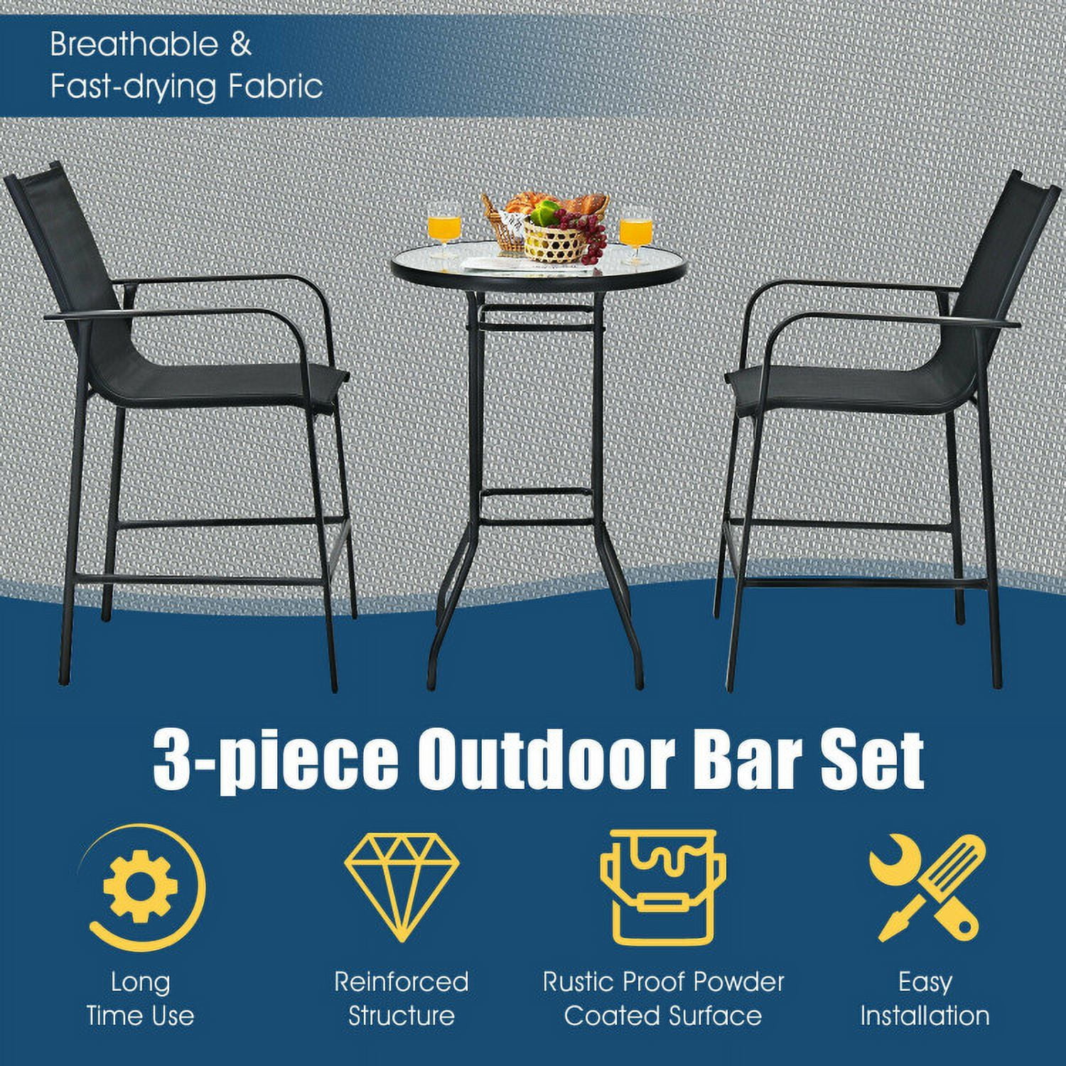 Aimee Lii 3 Pieces Outdoor Patio Bar Table Stool Set, Outdoor Patio Furniture, Black