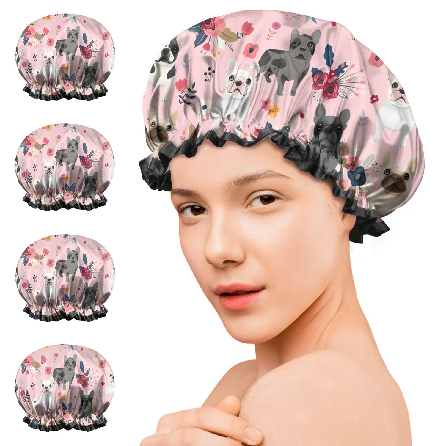 Shower Caps,French Bulldog Dog Pattern with Pioneer Flower Waterproof Shower Cap for Women 4 Pieces,Double Reusable Hair Cover for Shower PEVA Elastic Stretch Hem