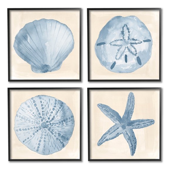 Blue Varied Seashell Marine Life Animals & Insects Graphic Art Black Framed Art Print Wall Art, Set of 4