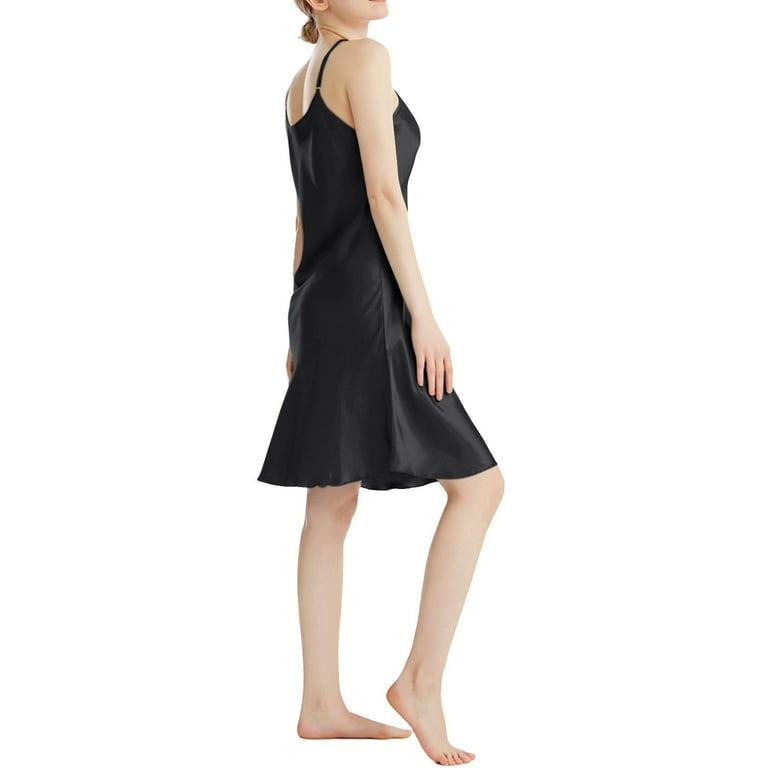 Women's Satin Nightgown, Spaghetti Strap V Neck Slim Fit Slip Dress, Knee  Length Chemise for Sleep, Romantic Nights, Honeymoon and Special Occasions- Black - Walmart.com