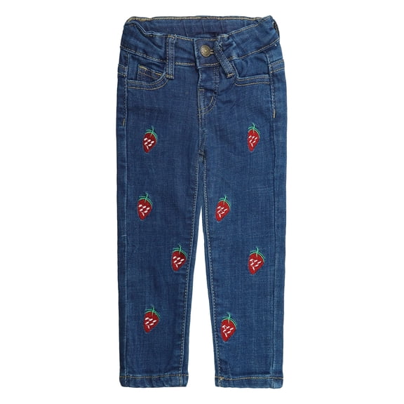 KIDSCOOL SPACE Baby Little Girls Jeans,Strawberry Embroidered Strechy Denim Soft Slim Pants,5-6 Years