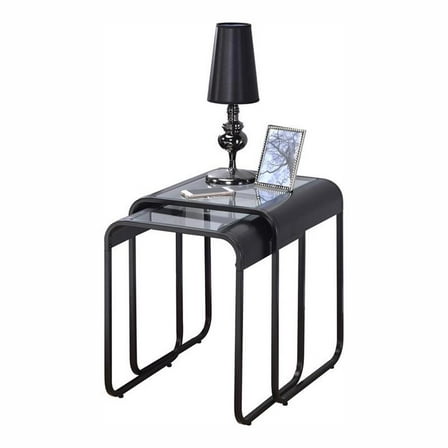 Bowery Hill Modern Glass Top 2-Piece Nesting Table Set in Black