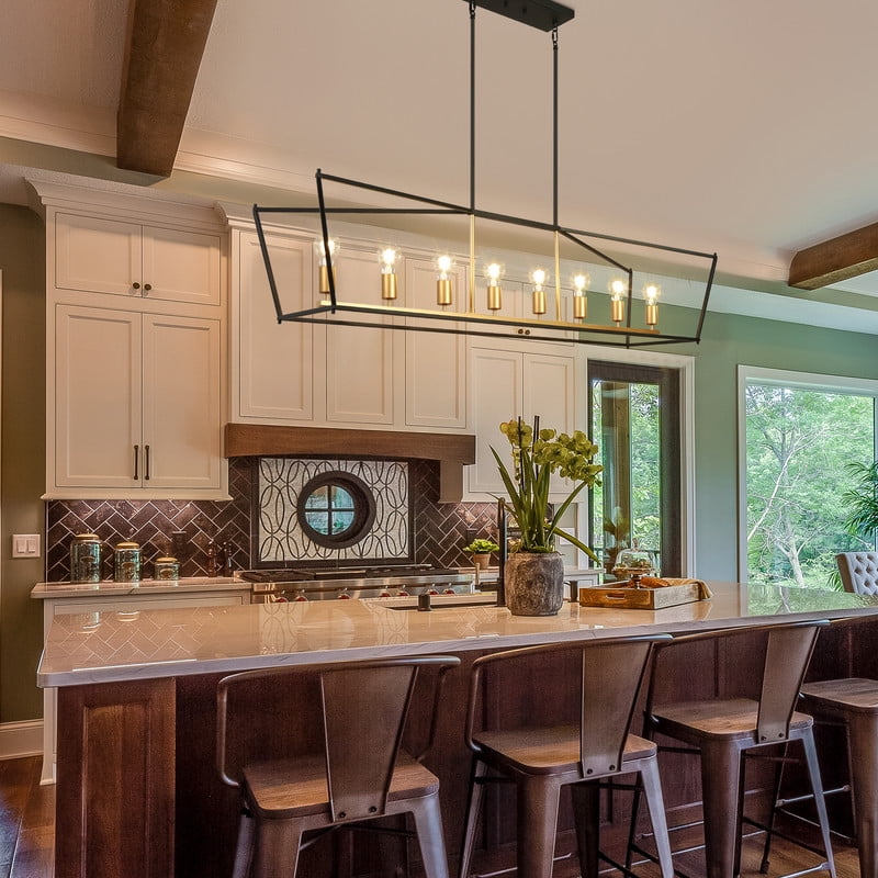 LNC 55-in 8-Light Ovversized Kitchen Island Linear Chandelier,Black Gold Rectangular Pendant Light