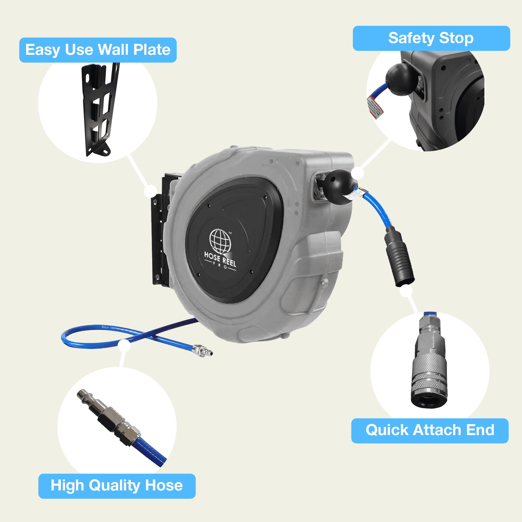 Hose Reel Pro 65ft Air Hose Reel | Wall Mounted | Max 300PSI | Grey