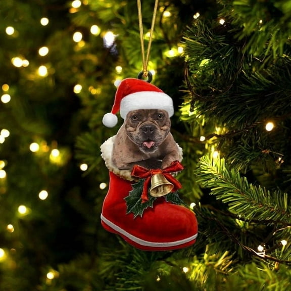 Acrylic 2D FLAT American Bully In Santa Boot Christmas Hanging Ornament