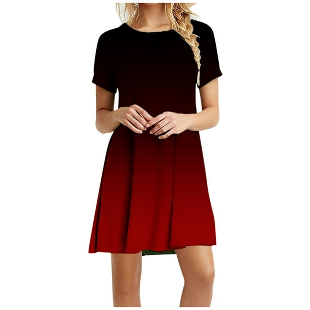 Gibobby Vestido corto casual para mujer Vestidos para mujerGradient O-NeckDailyLoose Casual Dress(Rojo,XL)