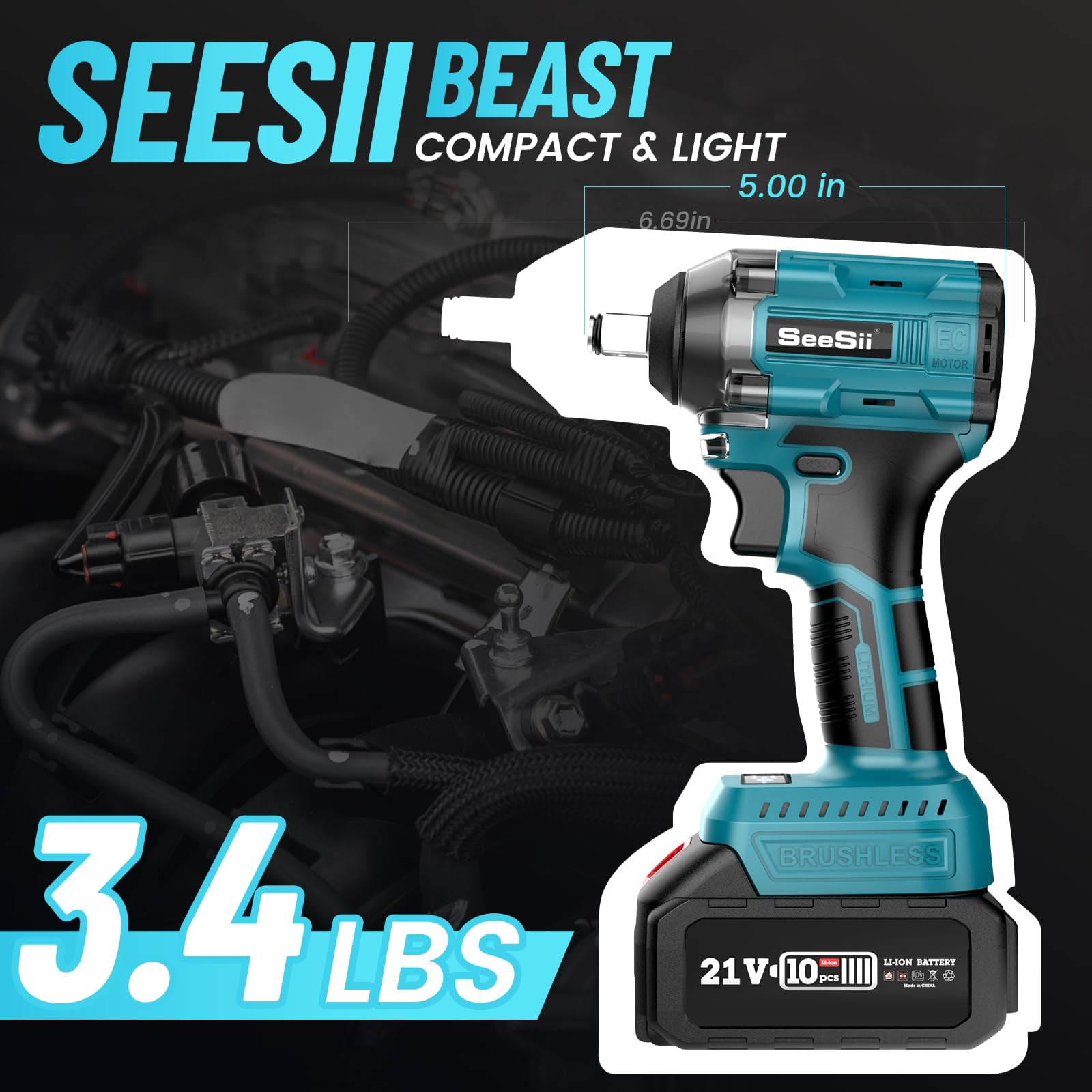 Cordless Impact Wrench, SeeSii Brushless Impact Wrench 1/2 Max Torque  479Fts 