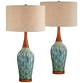 thumbnail image 2 of 360 Lighting Rocco Modern Mid Century Table Lamps 30" Tall Set of 2 Blue Teal Glaze Ceramic Linen Drum Shade for Bedroom Living Room Nightstand Home, 2 of 8
