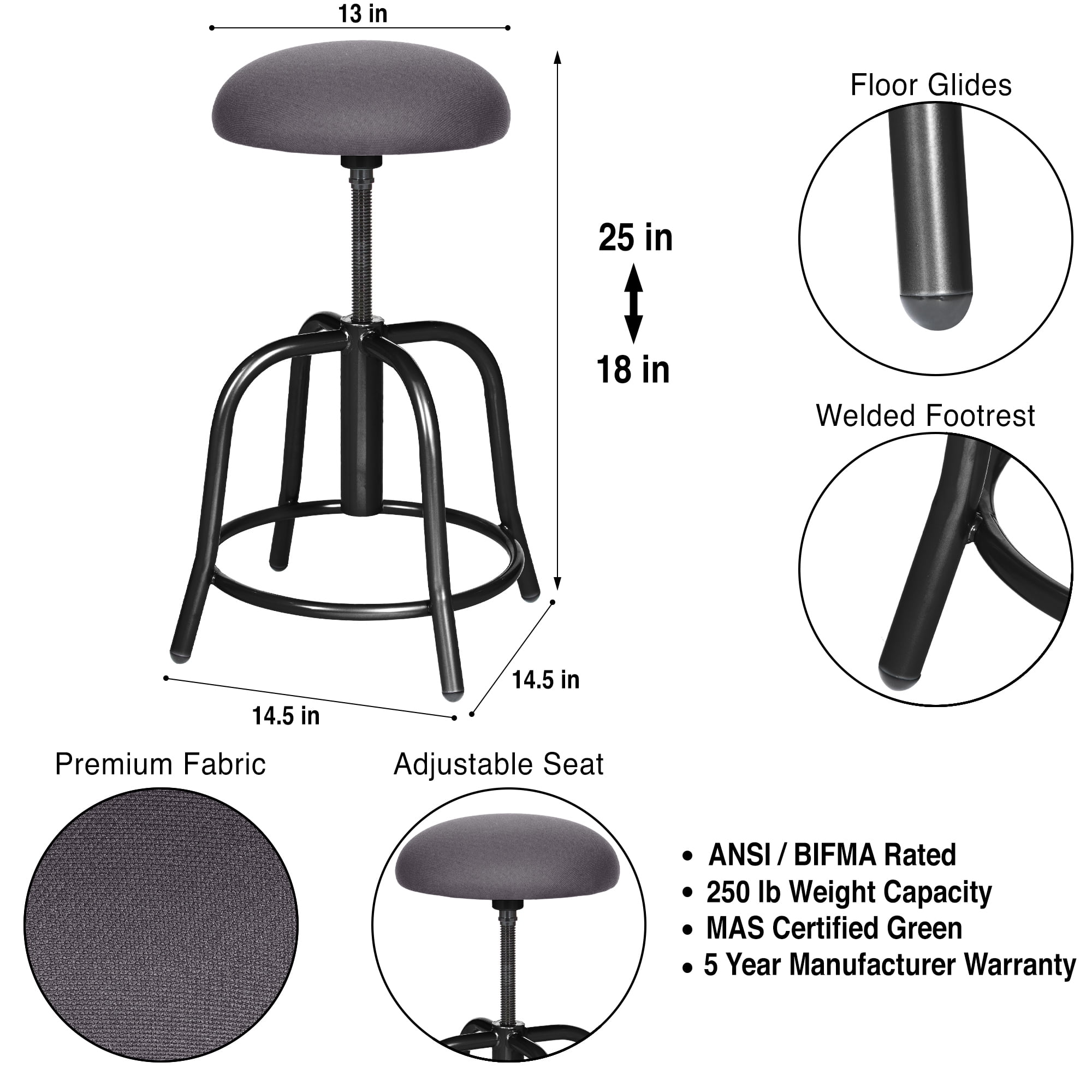Hampden Furnishings Vince Collection Fabric Padded Swivel Art Stool, Black/Grey, 19"-25"