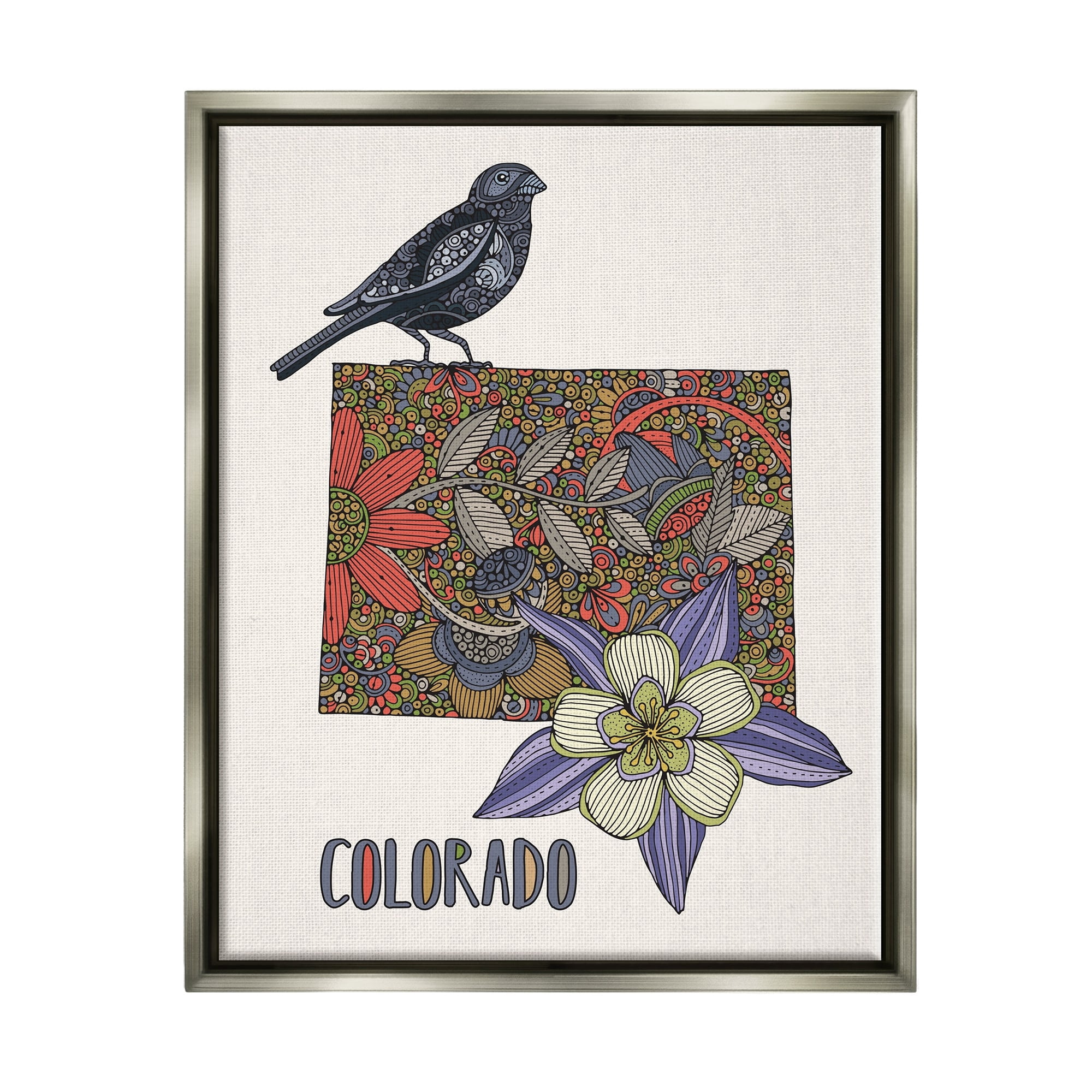 Stupell Industries Colorado State Flower & Bird Detailed Flower Pattern Graphic Art Luster Gray Floating Framed Canvas Print Wall Art, Design by Valentina Harper