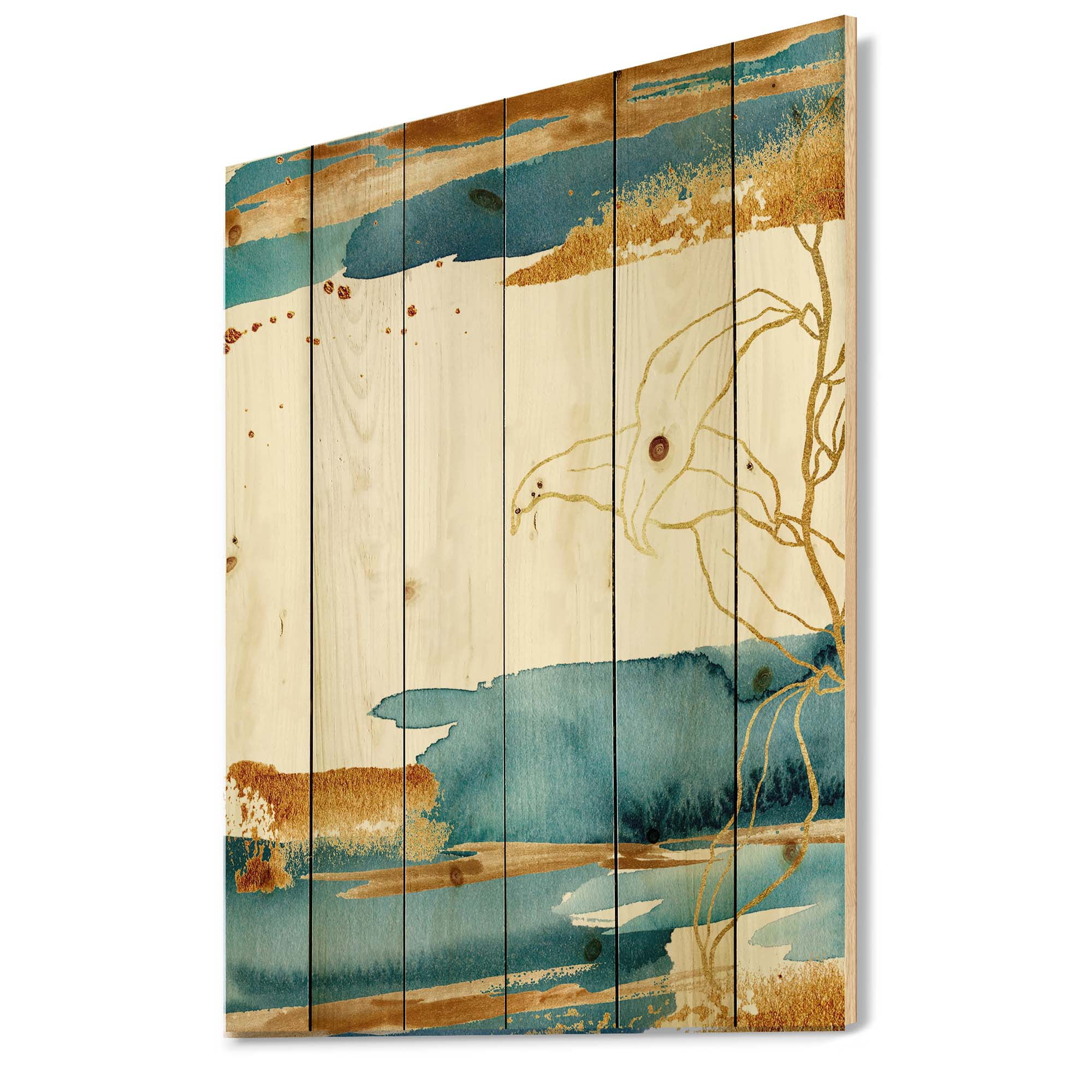 Designart 'Abstract Golden Laminaria Branch & Leaves' Traditional Print on Natural Pine Wood