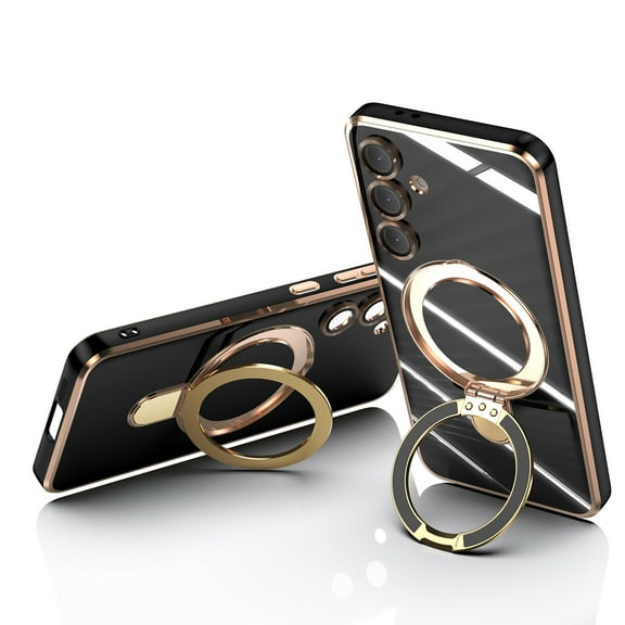 ELEHOLD Magnetic Case For Samsung Galaxy S25 FE, Plating Mag Safe Magnetic Metal Ring Stand Cover Lens Protector For Samsung Galaxy S25 Ultra FE,Black