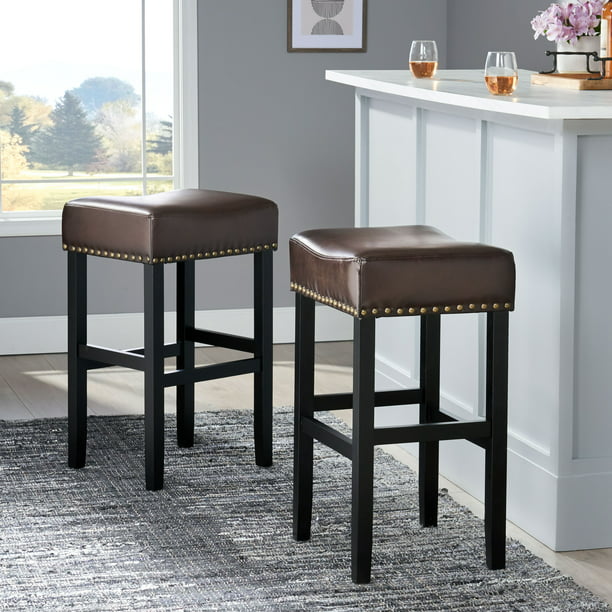 Erika Brown Backless Leather Bar Stool, Brown Black Leather Backless Counter Stools