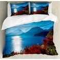 thumbnail image 1 of Nature Duvet Cover Set, Japan Sunny Autumn Fall Plants Landscape with Trees Mountains and Ocean Panorama, Decorative 3 Piece Bedding Set with 2 Pillow Shams, King Size, Blue and Red, by Ambesonne, 1 of 3