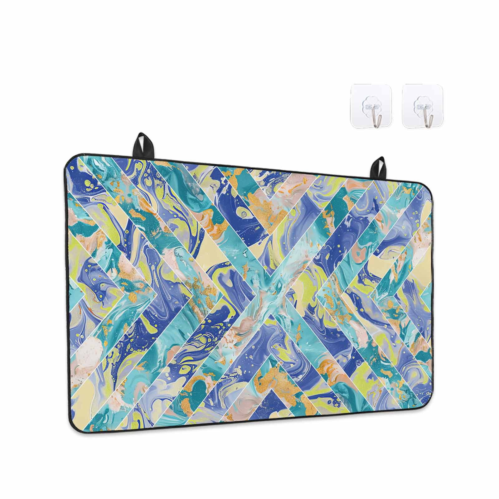Blue Teal Geometric Stove Top Cover for Electric Stove, Heat-proof & Non Slip Glass Top Stove Cover Protector, Grey Marble Abstract Art Modern Kitchen Flat Cooktop Rubber Mat 24x21 Inches