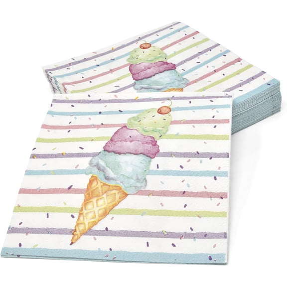 Gift Boutique 100 Ice Cream Cone Napkins Cocktail Beverage Disposable Paper Sprinkle Dessert Napkin for Tropical Summer Spring Beach Pool Birthday