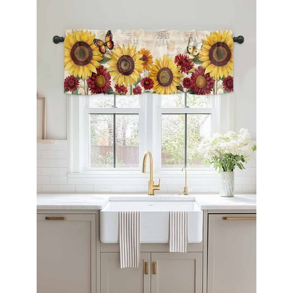 Kitchen Valances for Window, Vintage Sunflower Floral Butterfly Light Filtering Rod Pocket Valance Curtain, Summer Farmhouse Scenery Short Curtains Window Topper for Bedroom 54x18in