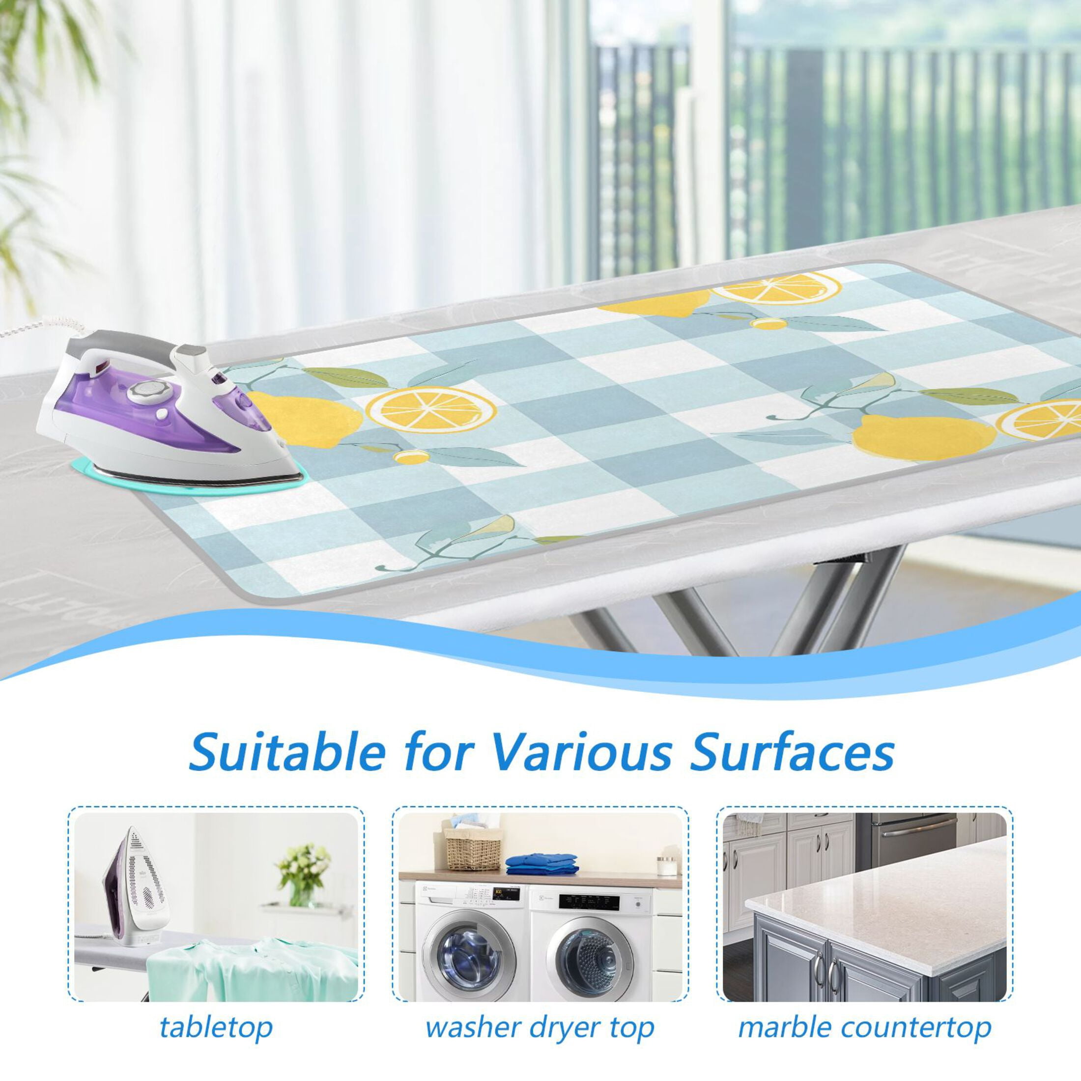 Lemon Leaves Blue-white Plaid Ironing Mat Blanket Portable Travel Ironing Pad Heat Resistant Pad 47.2" x 27.6”