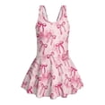 thumbnail image 4 of COEQINE Girls One Piece Bathing Suit with Skirt, Scoop Neck Sleeveless Wide Straps Swimwear, Polyester Spandex Swimsuit for Kids 5-6 Years, Machine Washable Pink Bow Heart Tie-dye, 4 of 8